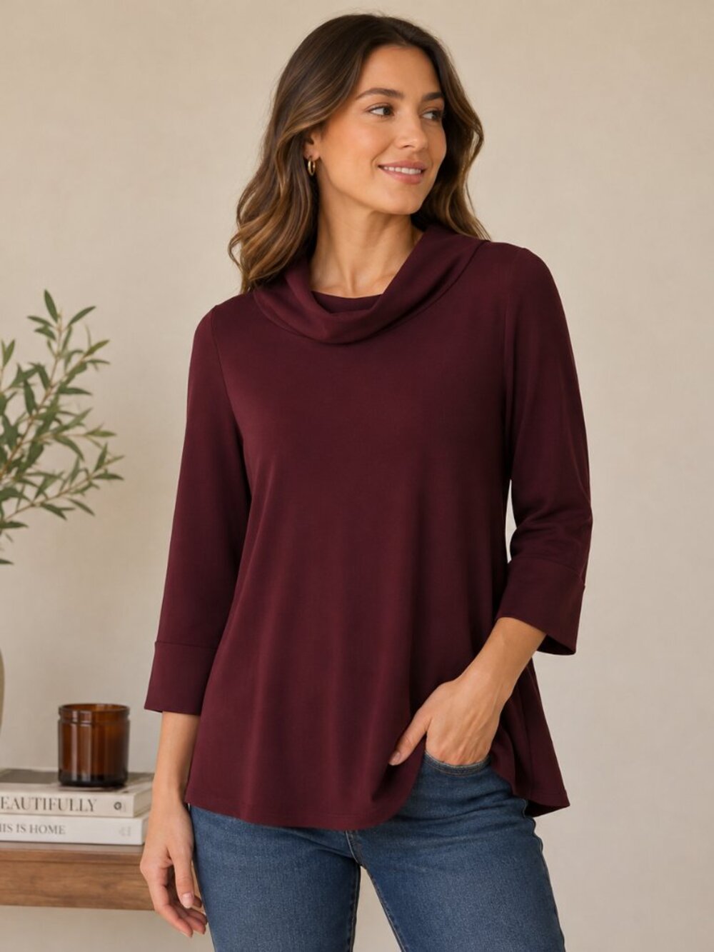 Sympli Wine Cowl Neck Three-Quarter Sleeve Top